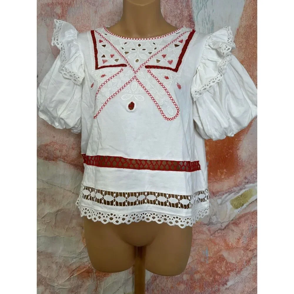 Anthropologie Puff-Sleeve Cutwork Top